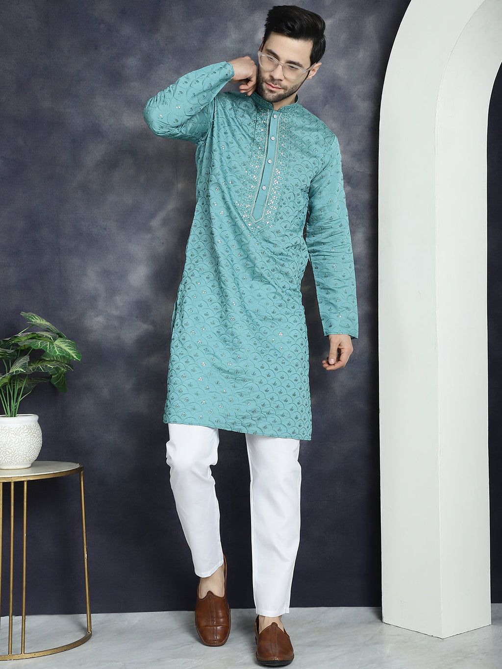 Jompers Men's Sequins Embroidered Kurta - Blue | Grocsy