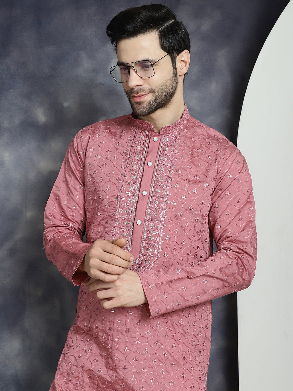 Jompers Men's Sequins Embroidered Kurta - Coral | Grocsy