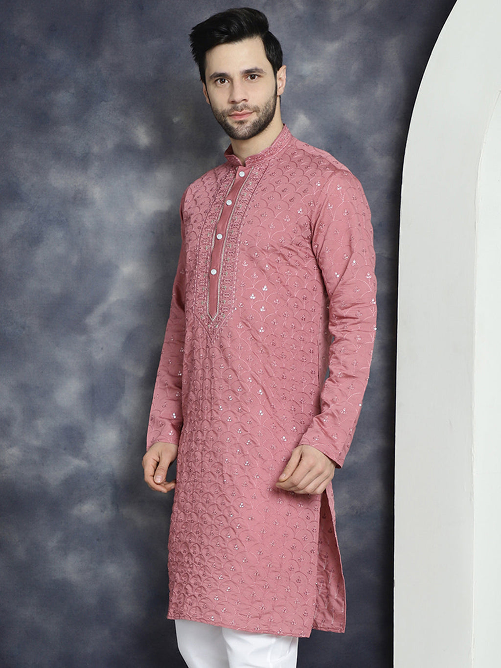Jompers Men's Sequins Embroidered Kurta - Coral | Grocsy