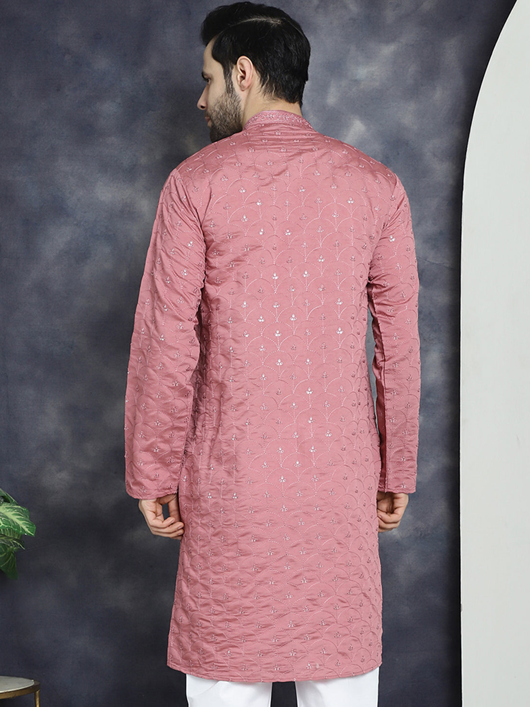Jompers Men's Sequins Embroidered Kurta - Coral | Grocsy