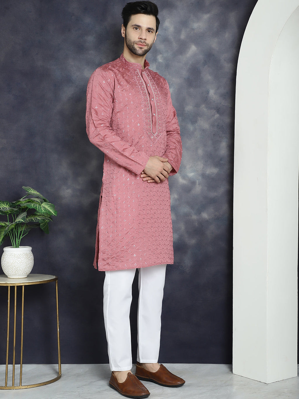 Jompers Men's Sequins Embroidered Kurta - Coral | Grocsy