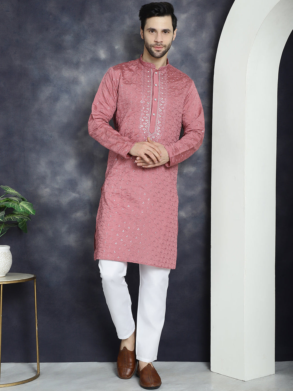 Jompers Men's Sequins Embroidered Kurta - Coral | Grocsy