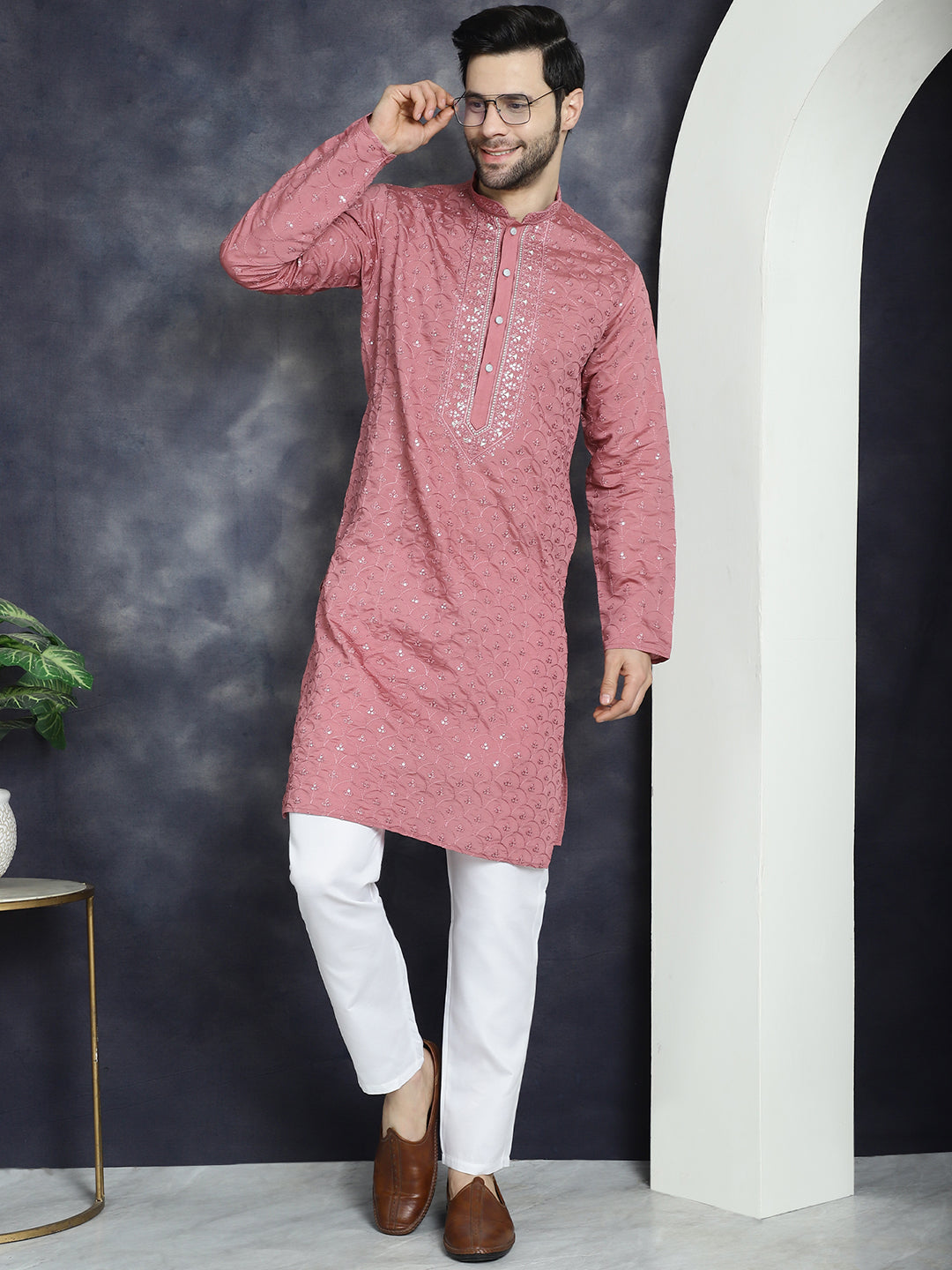 Jompers Men's Sequins Embroidered Kurta - Coral | Grocsy