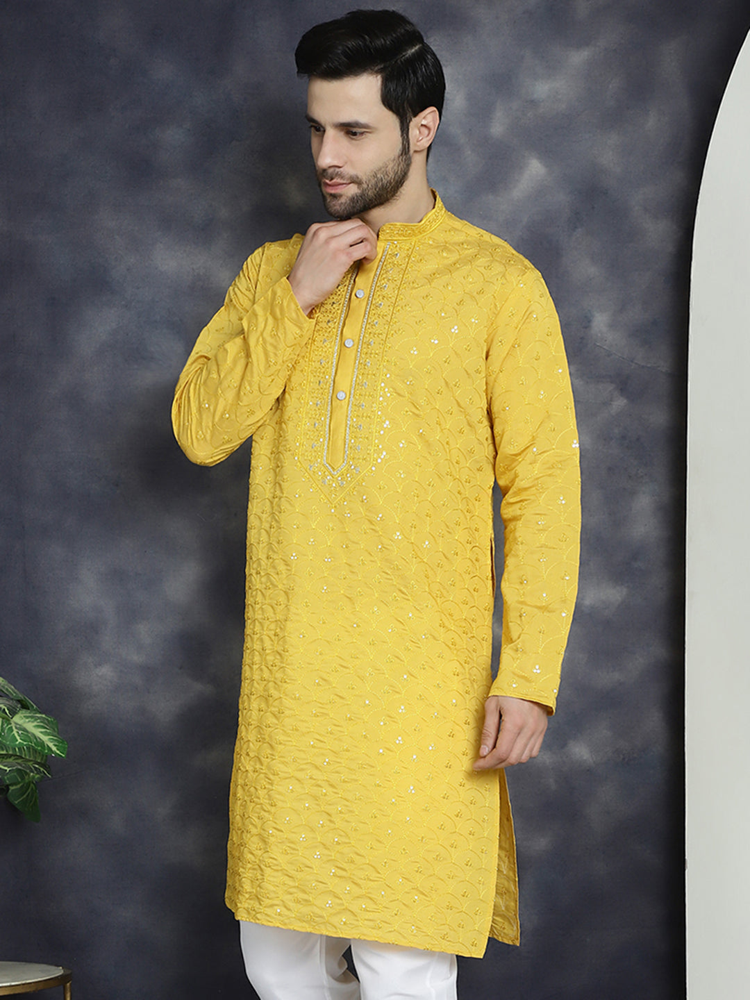 Jompers Men's Sequins Embroidered Kurta - Mustard | Grocsy