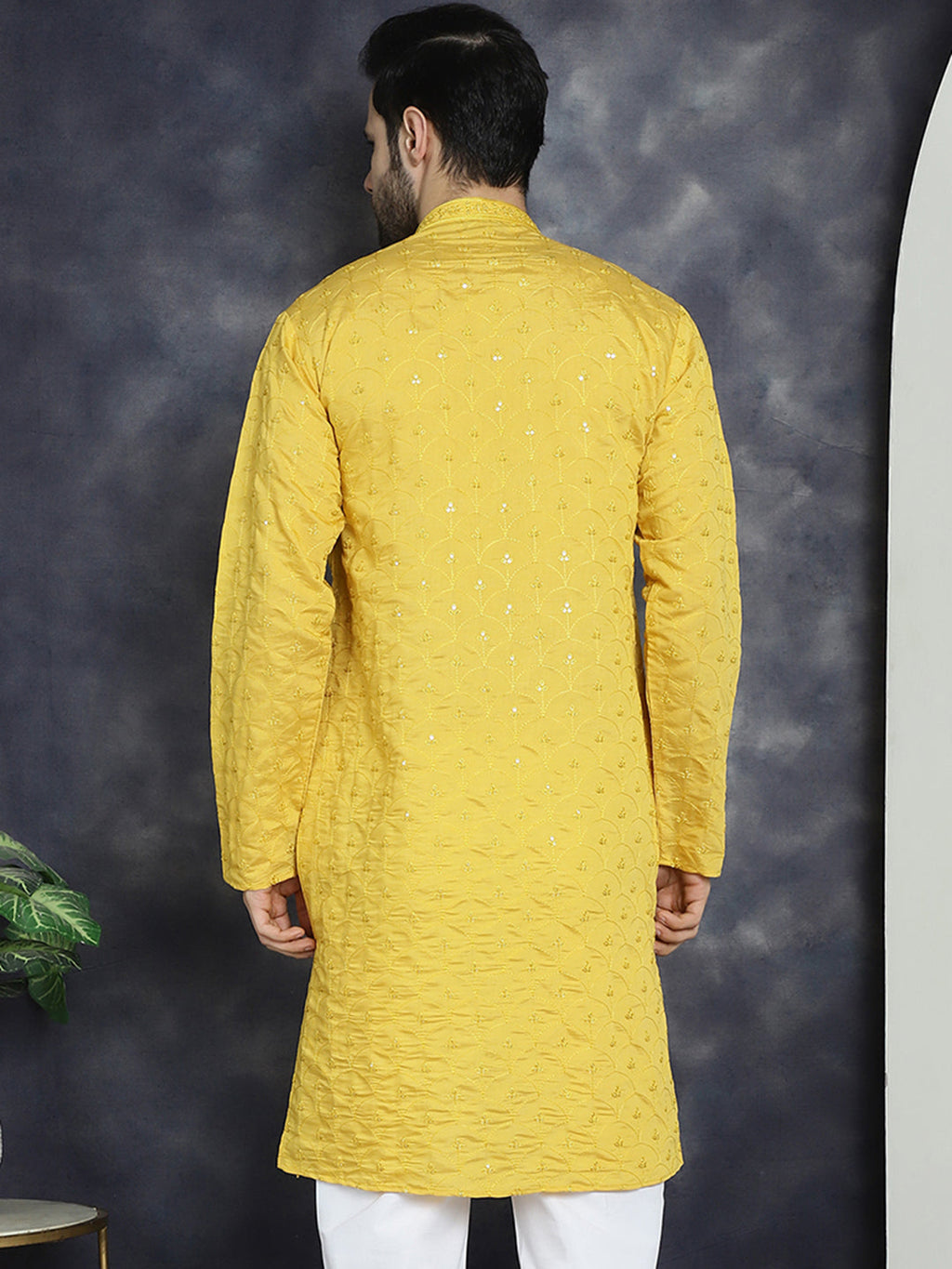 Jompers Men's Sequins Embroidered Kurta - Mustard | Grocsy