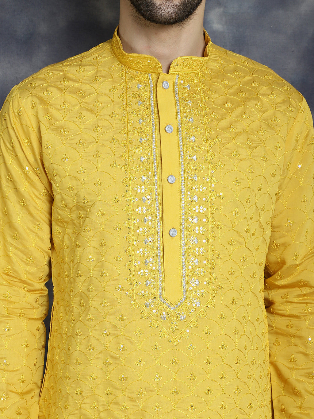 Jompers Men's Sequins Embroidered Kurta - Mustard | Grocsy