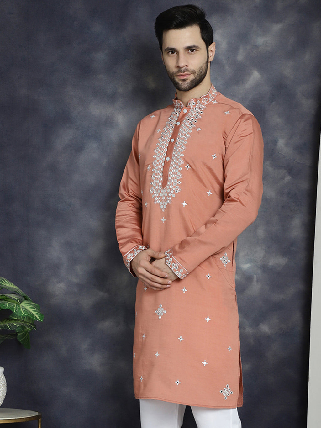 Jompers Men's Embroidered Kurta - Peach | Grocsy