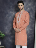 Jompers Men's Embroidered Kurta - Peach | Grocsy