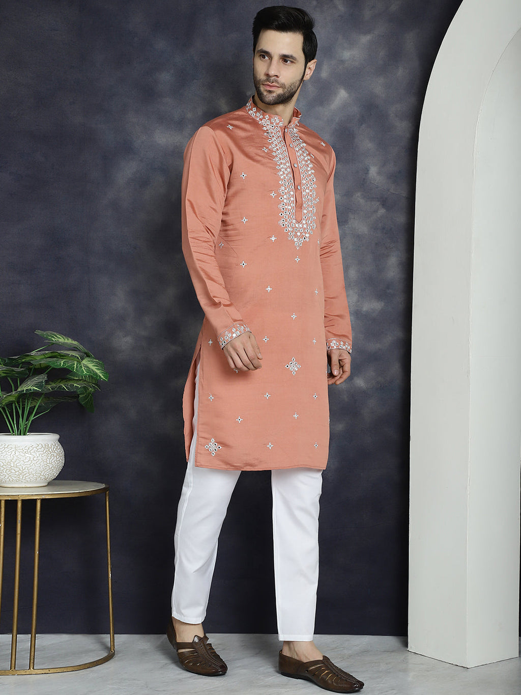 Jompers Men's Embroidered Kurta - Peach | Grocsy
