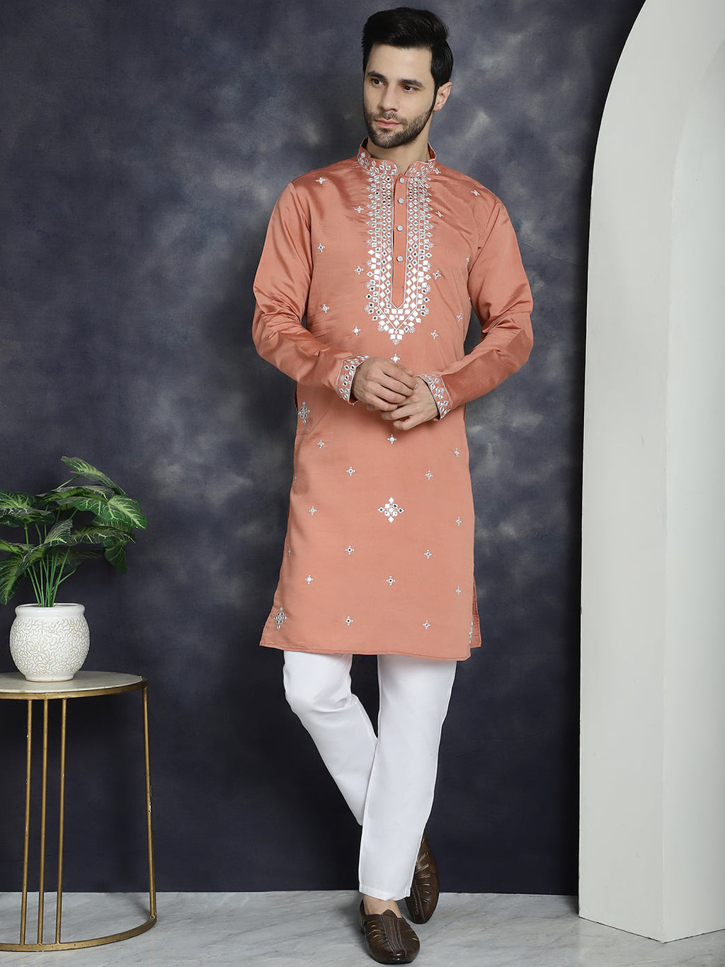 Jompers Men's Embroidered Kurta - Peach | Grocsy