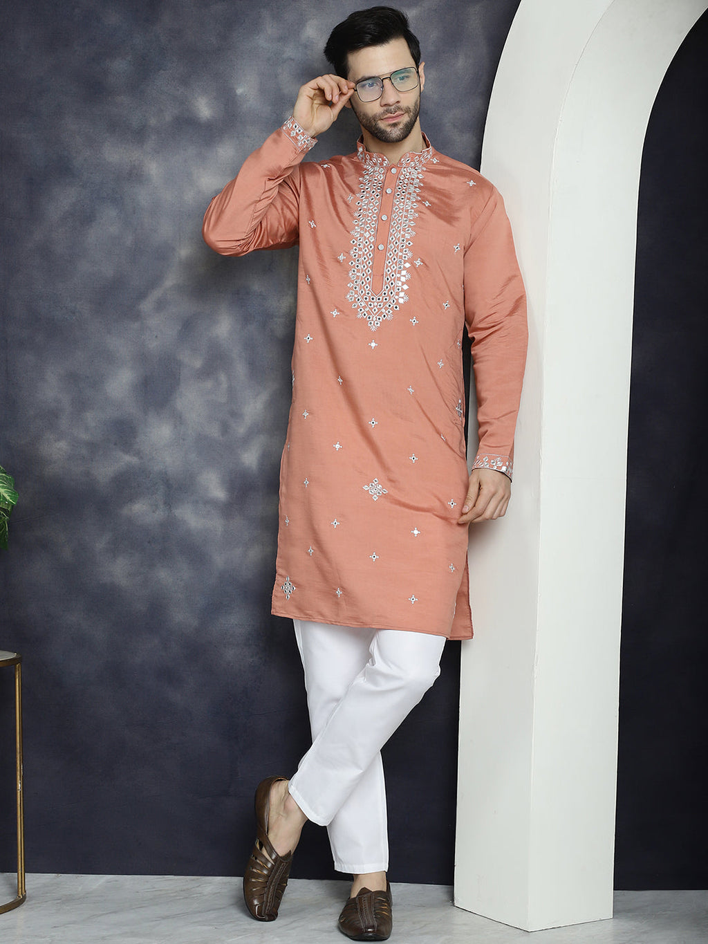Jompers Men's Embroidered Kurta - Peach | Grocsy