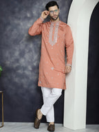 Jompers Men's Embroidered Kurta - Peach | Grocsy