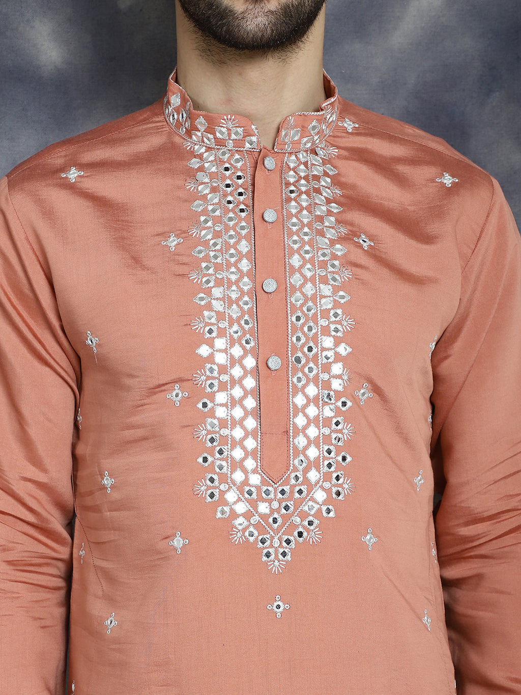 Jompers Men's Embroidered Kurta - Peach | Grocsy