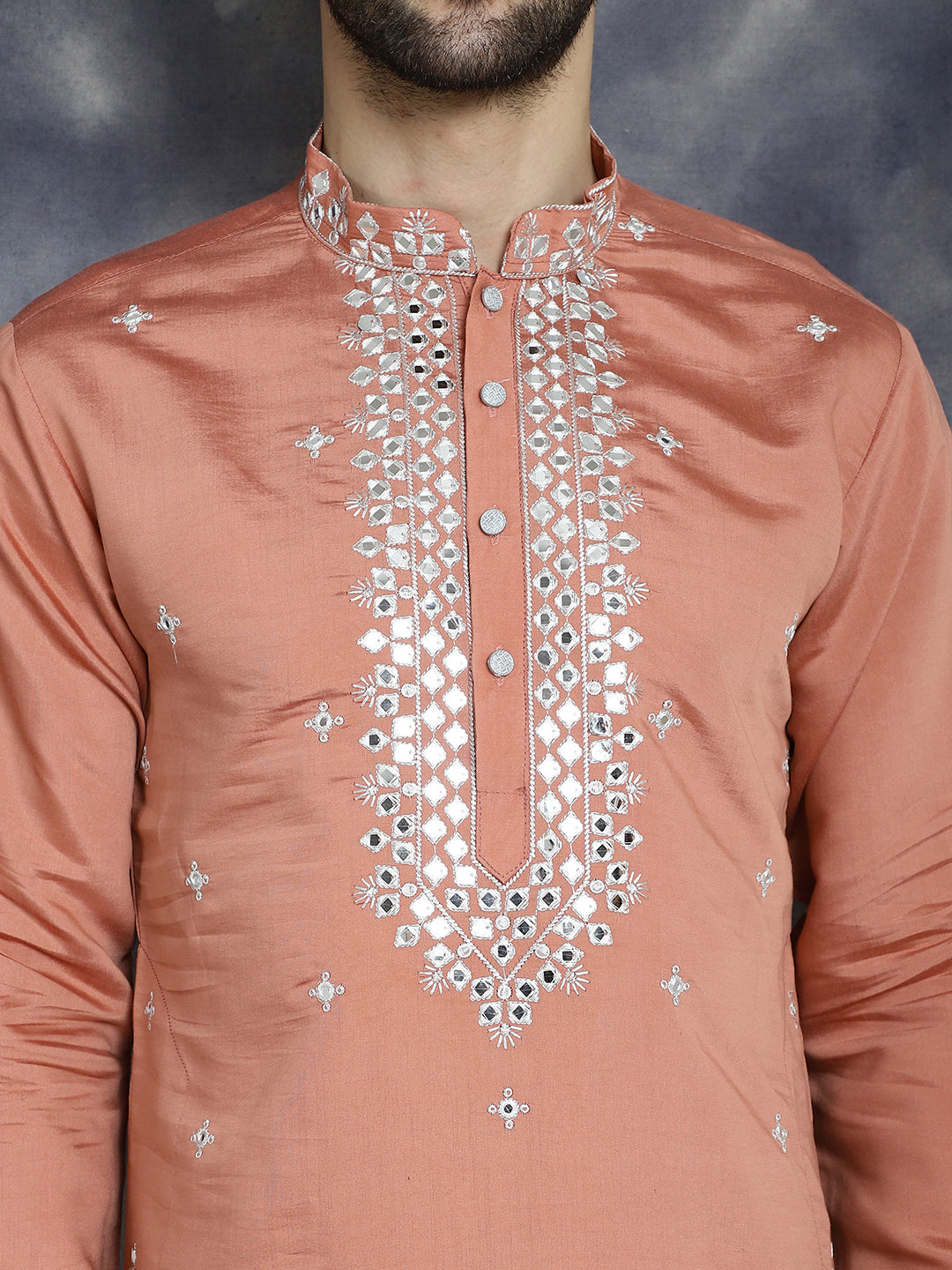 Jompers Men's Embroidered Kurta - Peach | Grocsy