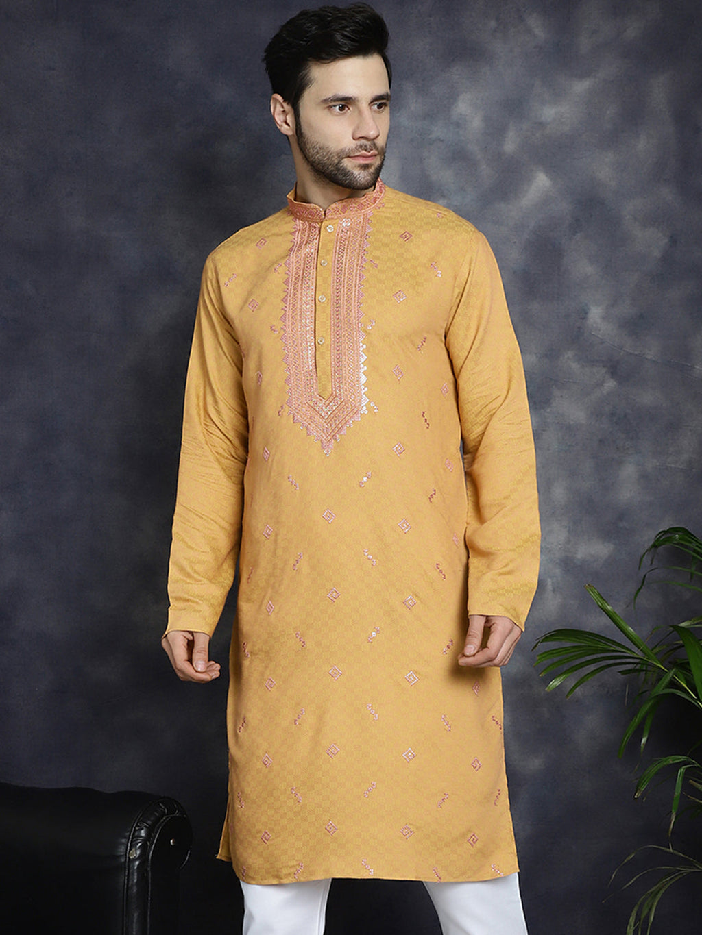 Jompers Men's Sequins Embroidered Kurta - Orange | Grocsy