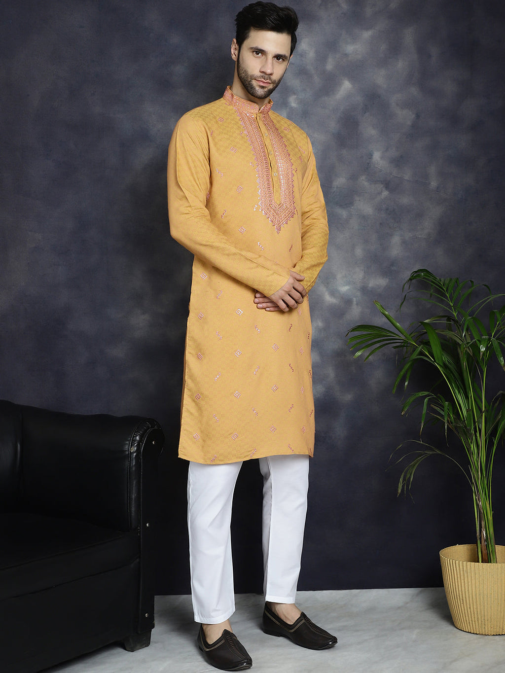 Jompers Men's Sequins Embroidered Kurta - Orange | Grocsy
