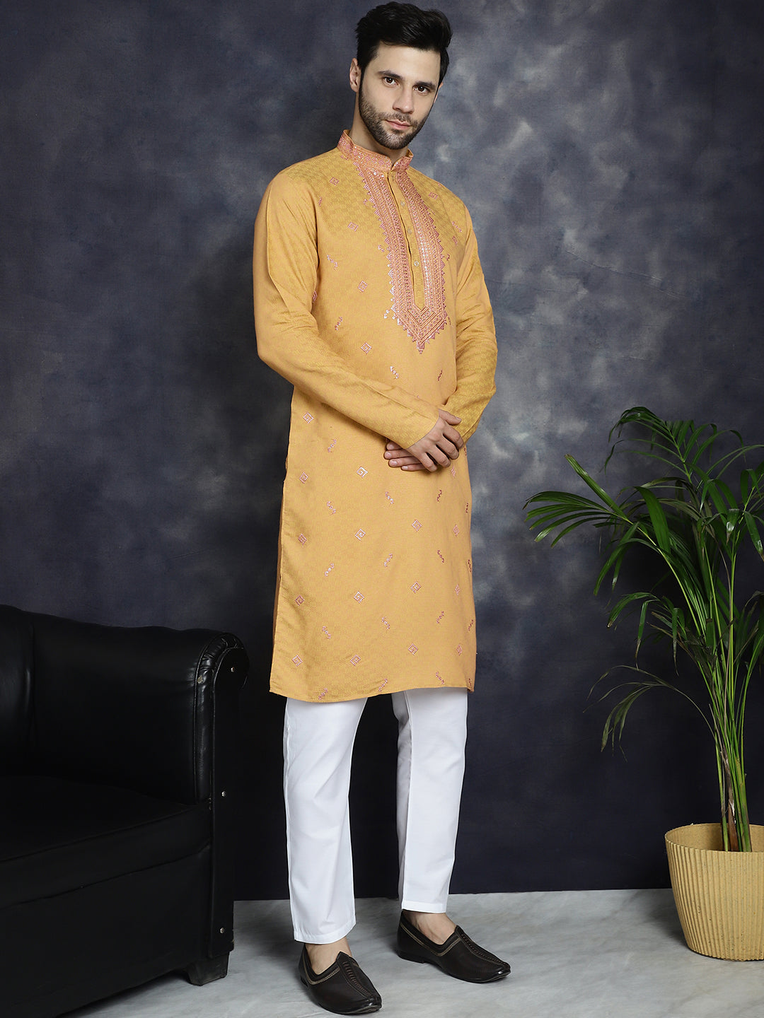 Jompers Men's Sequins Embroidered Kurta - Orange | Grocsy