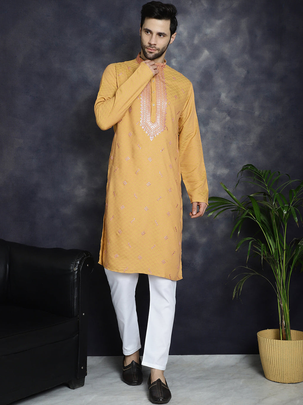Jompers Men's Sequins Embroidered Kurta - Orange | Grocsy
