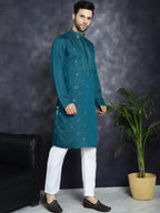Jompers Men's Sequins Embroidered Kurta - Teal | Grocsy
