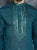 Jompers Men's Sequins Embroidered Kurta - Teal | Grocsy