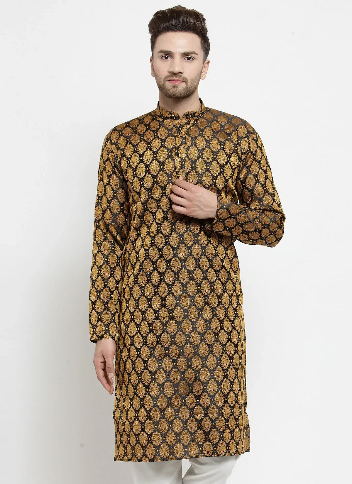 Jompers Men's Black-Colored & Golden Self Design Kurta Only | Grocsy
