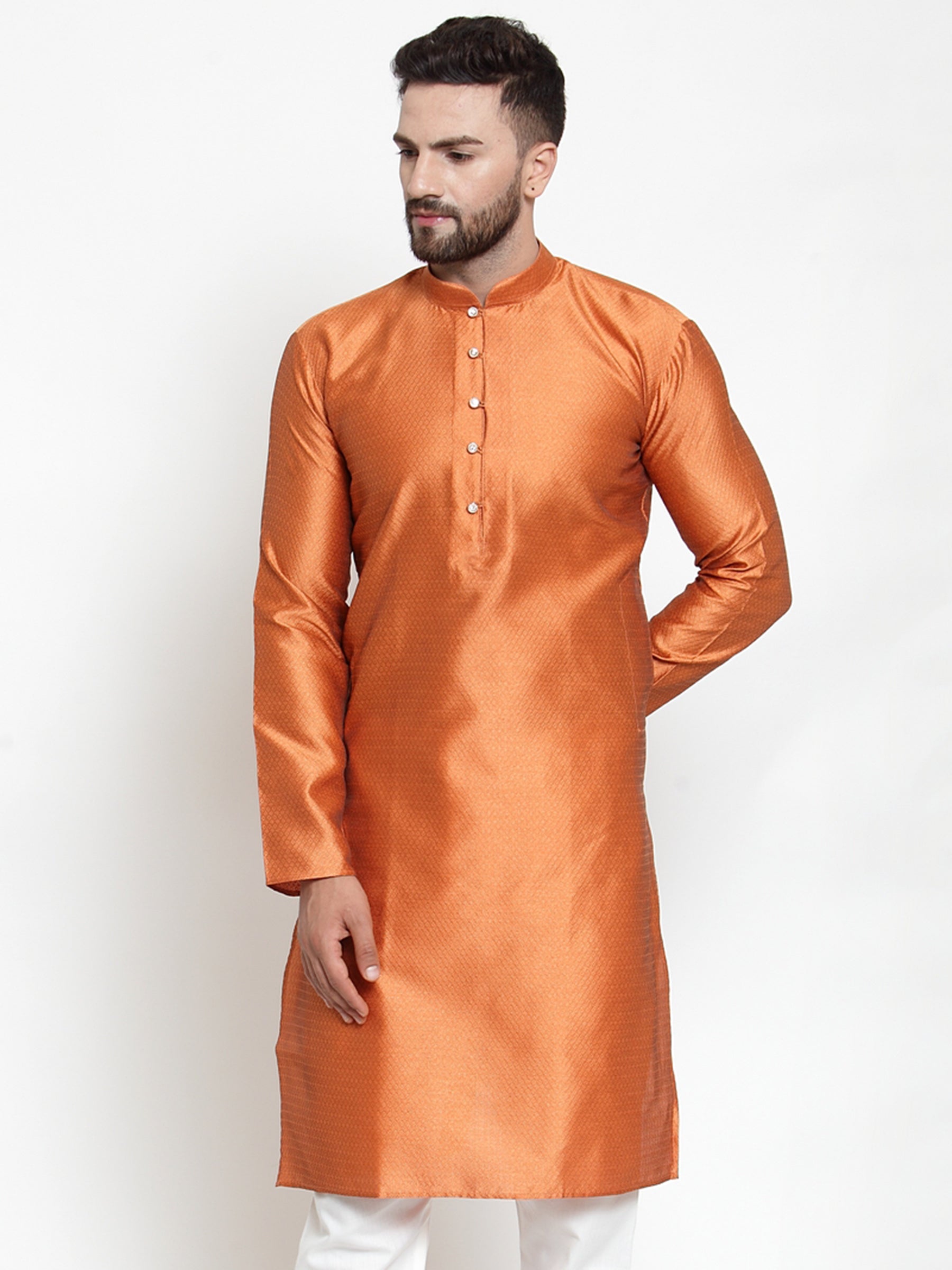 Jompers Men Orange & White Self Design Kurta Only | Grocsy