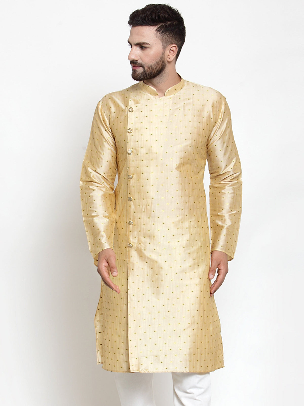 Jompers Men Mustard & Golden Self Design Kurta Only | Grocsy