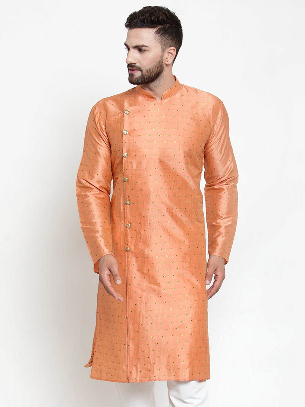 Jompers Men Peach & Golden Self Design Kurta Only | Grocsy
