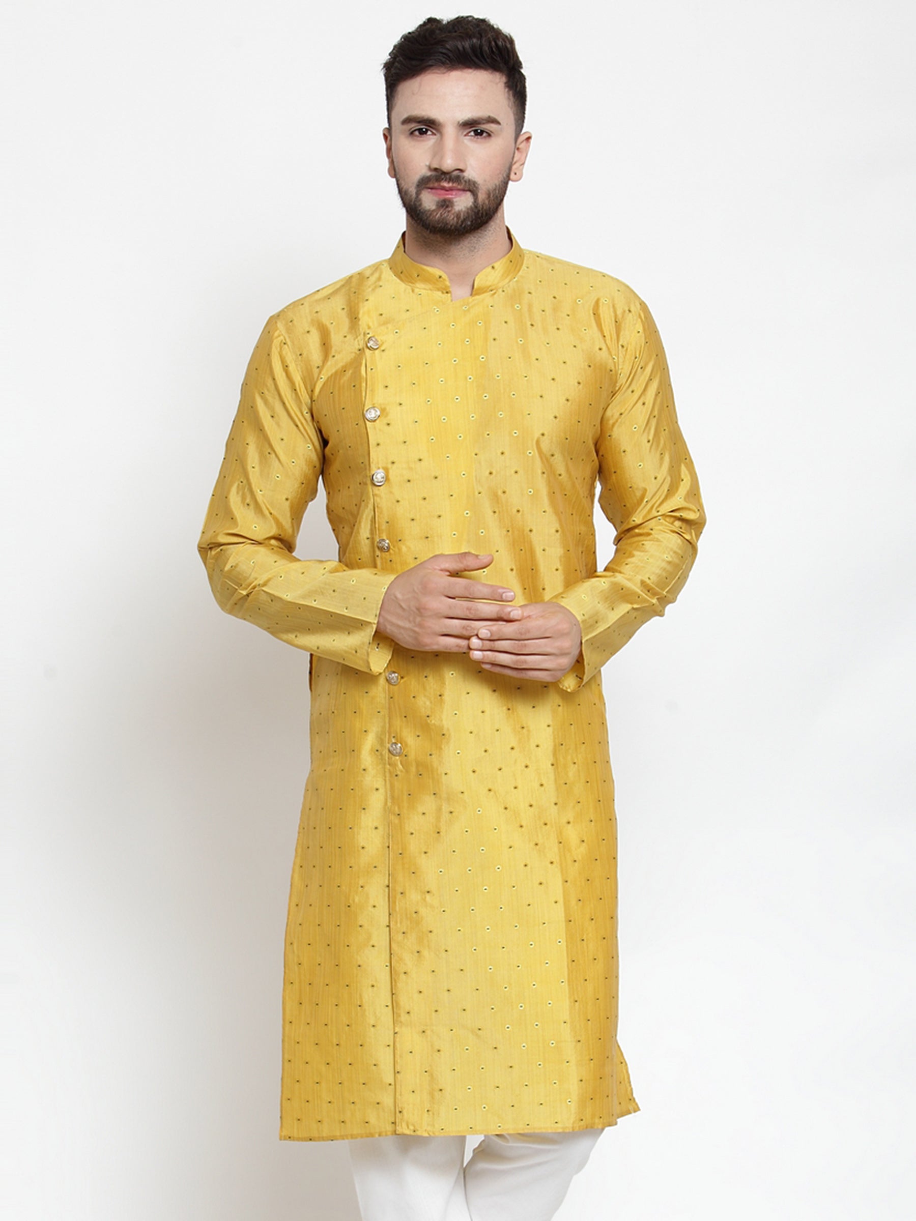 Jompers Men Yellow & Golden Self Design Kurta Only | Grocsy