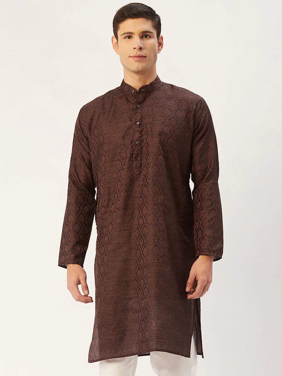 Jompers Men's Woven Design Jacquard Kurta - Coffee | Grocsy