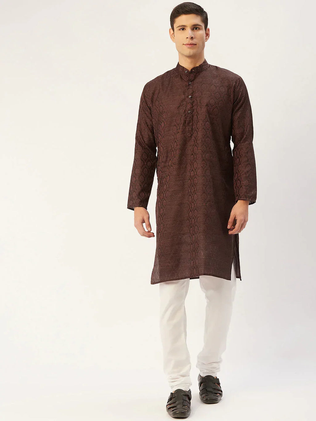 Jompers Men's Woven Design Jacquard Kurta - Coffee | Grocsy