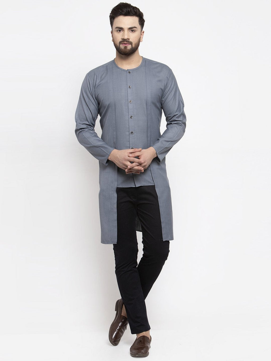 Jompers Men Grey Solid high-low Kurta | Grocsy