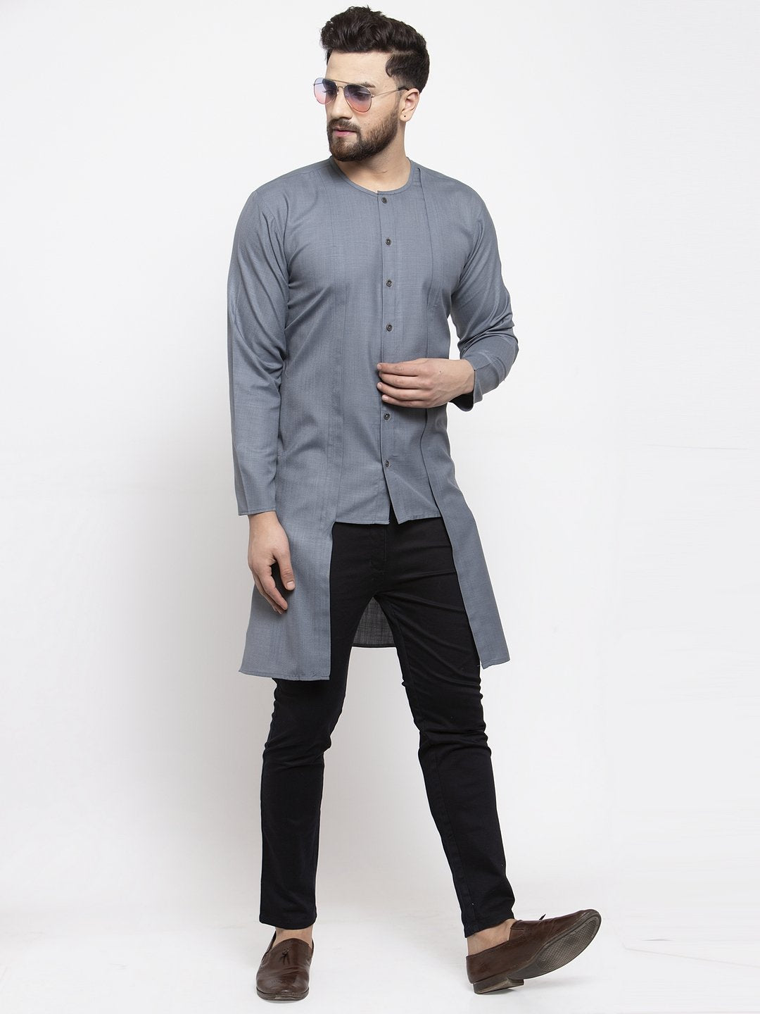 Jompers Men Grey Solid high-low Kurta | Grocsy