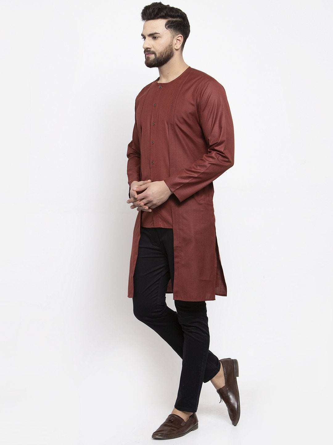 Jompers Men Maroon Solid high-low Kurta | Grocsy