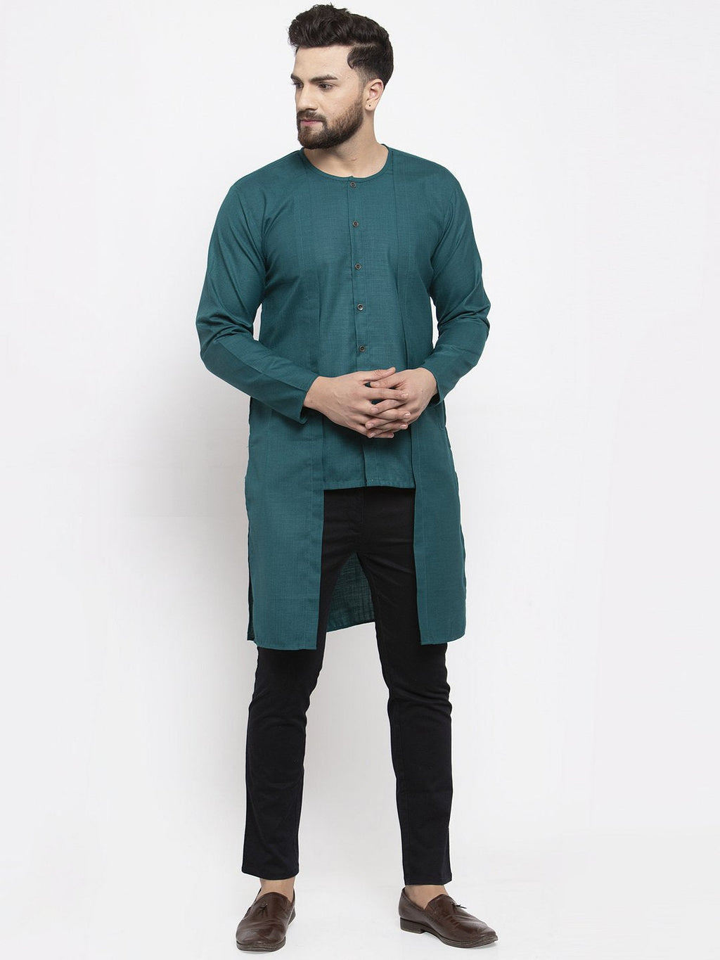 Jompers Men Teal Solid high-low Kurta | Grocsy