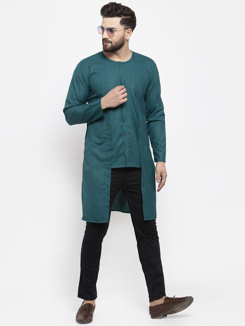 Jompers Men Teal Solid high-low Kurta | Grocsy