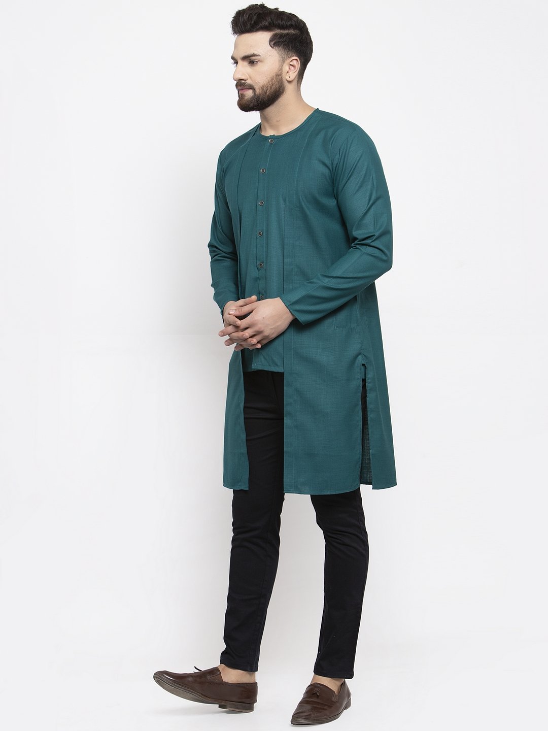 Jompers Men Teal Solid high-low Kurta | Grocsy