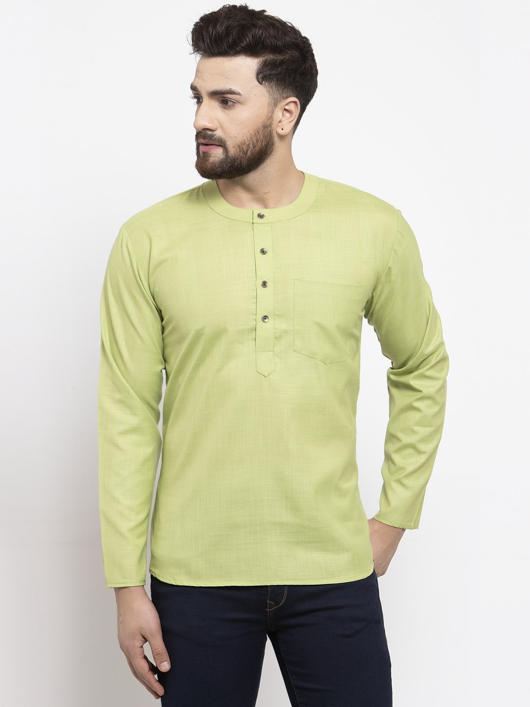 Jompers Men Green Solid Straight Short Kurta | Grocsy