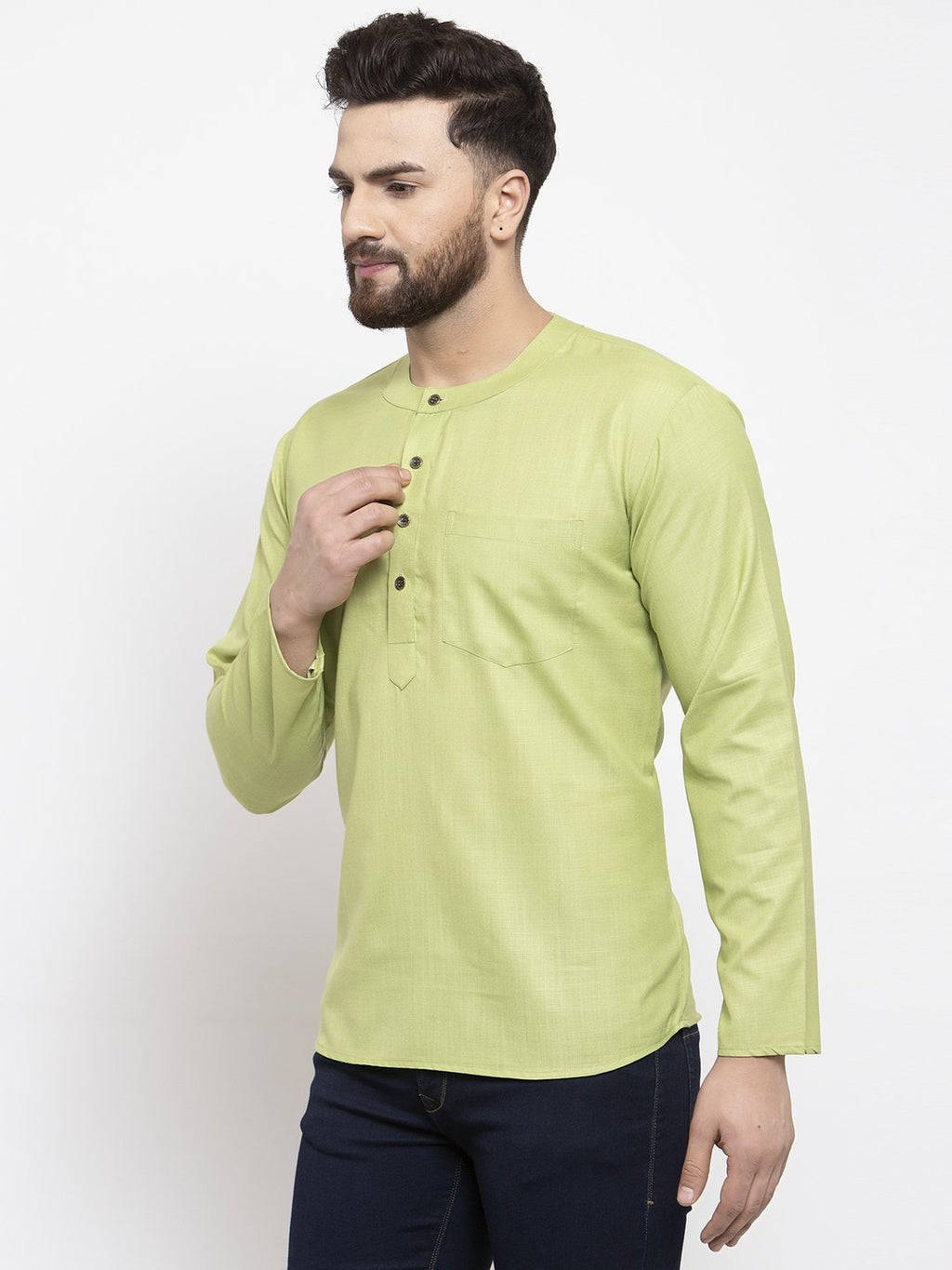 Jompers Men Green Solid Straight Short Kurta | Grocsy