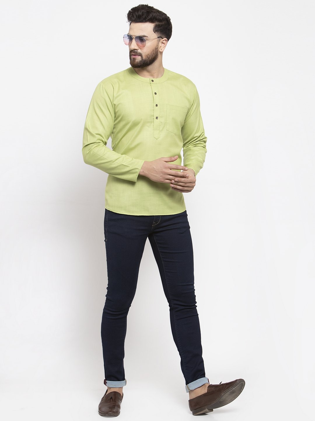 Jompers Men Green Solid Straight Short Kurta | Grocsy