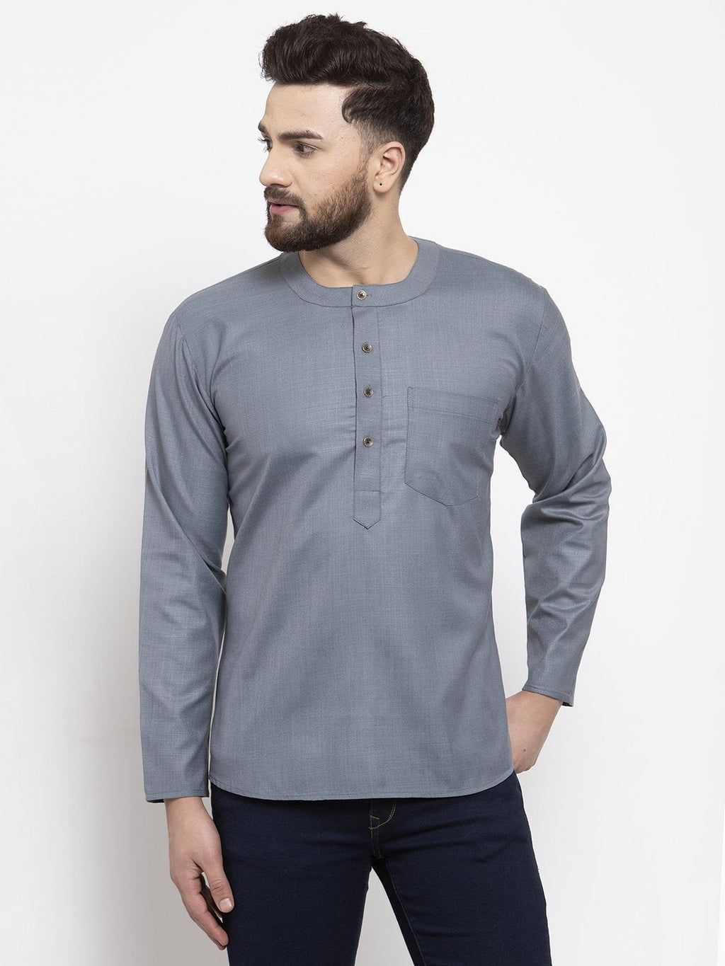 Jompers Men Grey Solid Straight Short Kurta | Grocsy