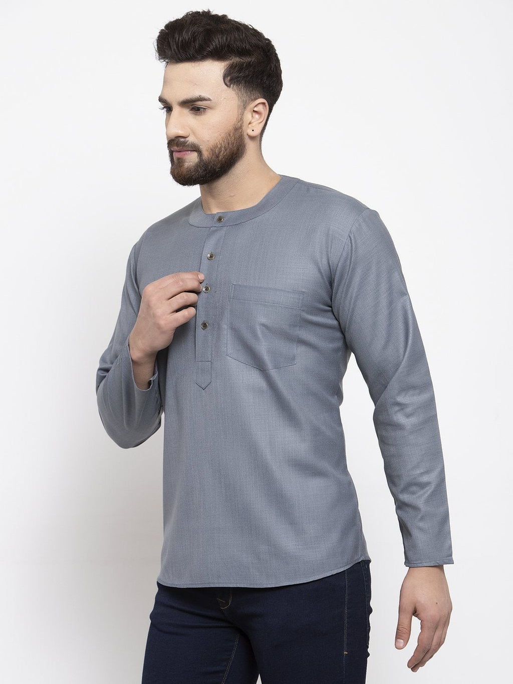 Jompers Men Grey Solid Straight Short Kurta | Grocsy