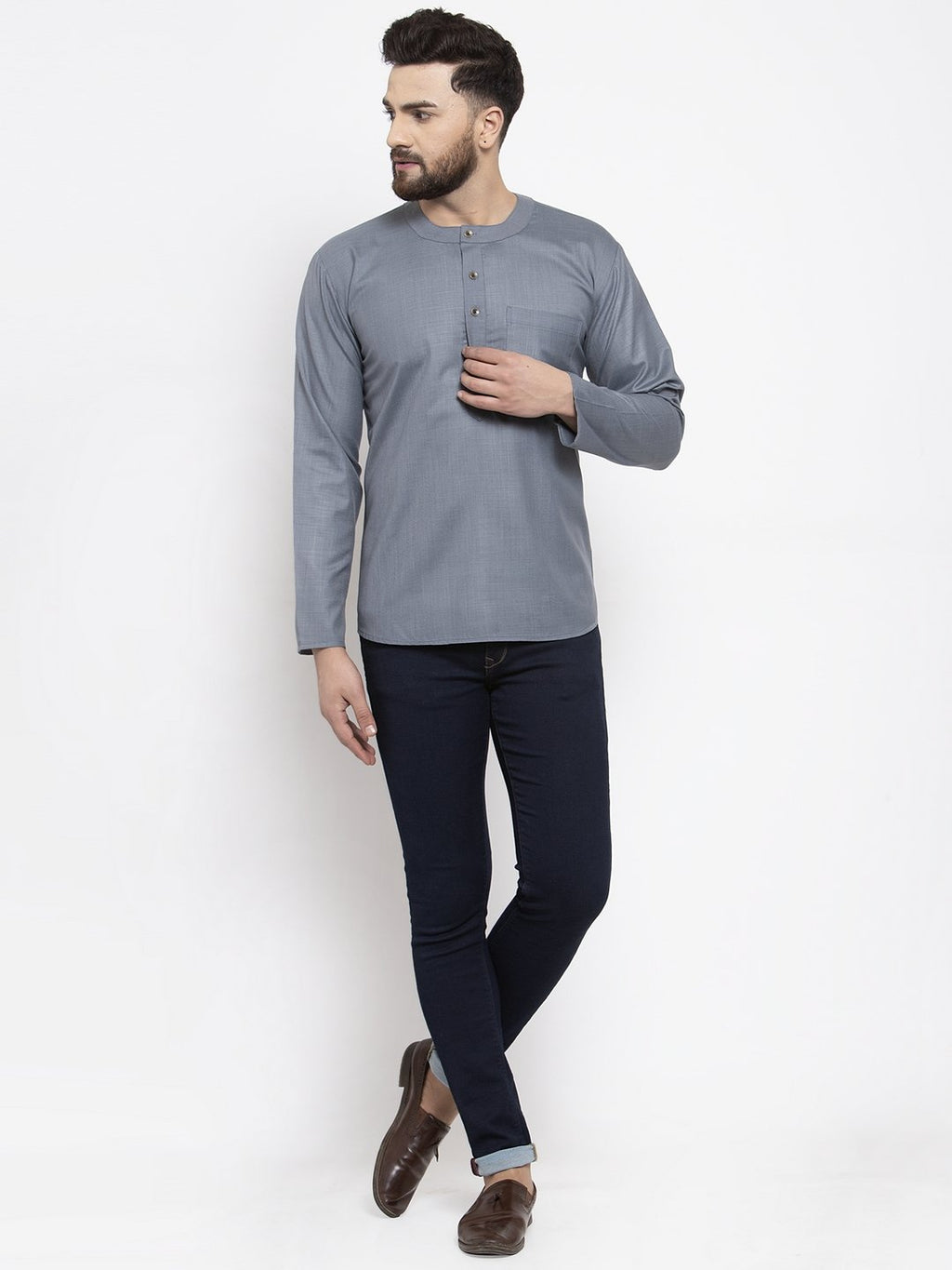 Jompers Men Grey Solid Straight Short Kurta | Grocsy