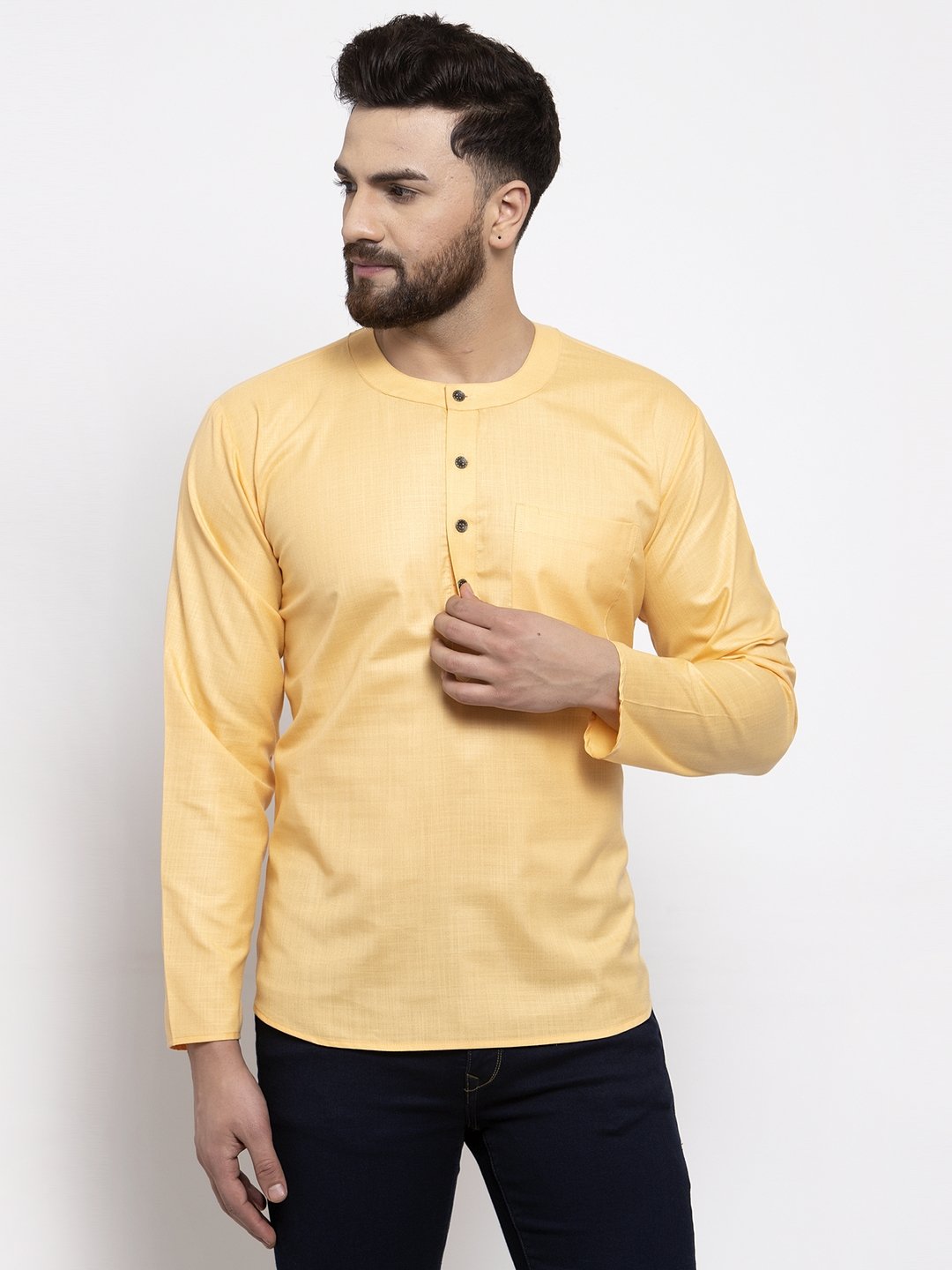 Jompers Men Mustard Solid Straight Short Kurta | Grocsy