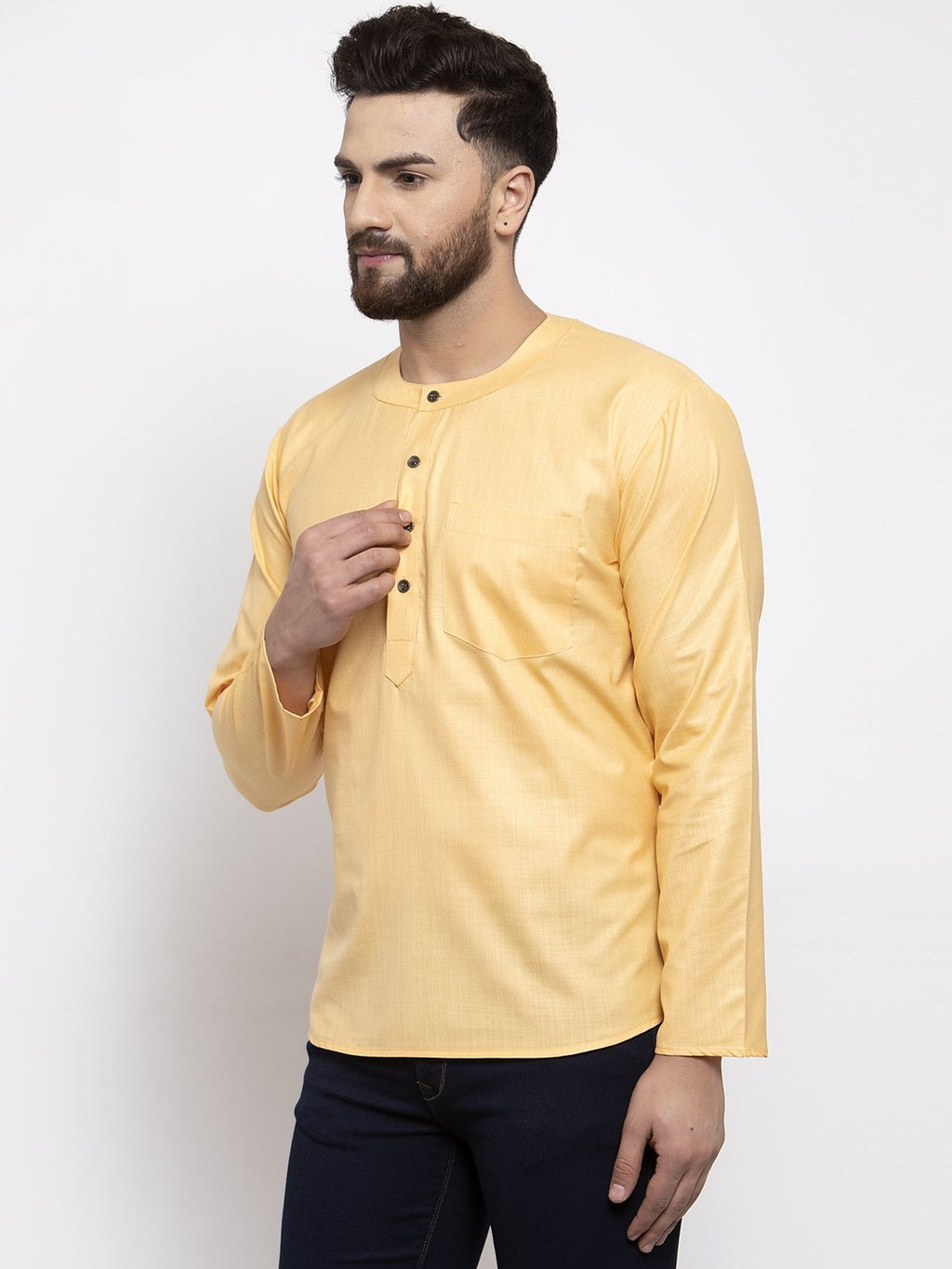 Jompers Men Mustard Solid Straight Short Kurta | Grocsy