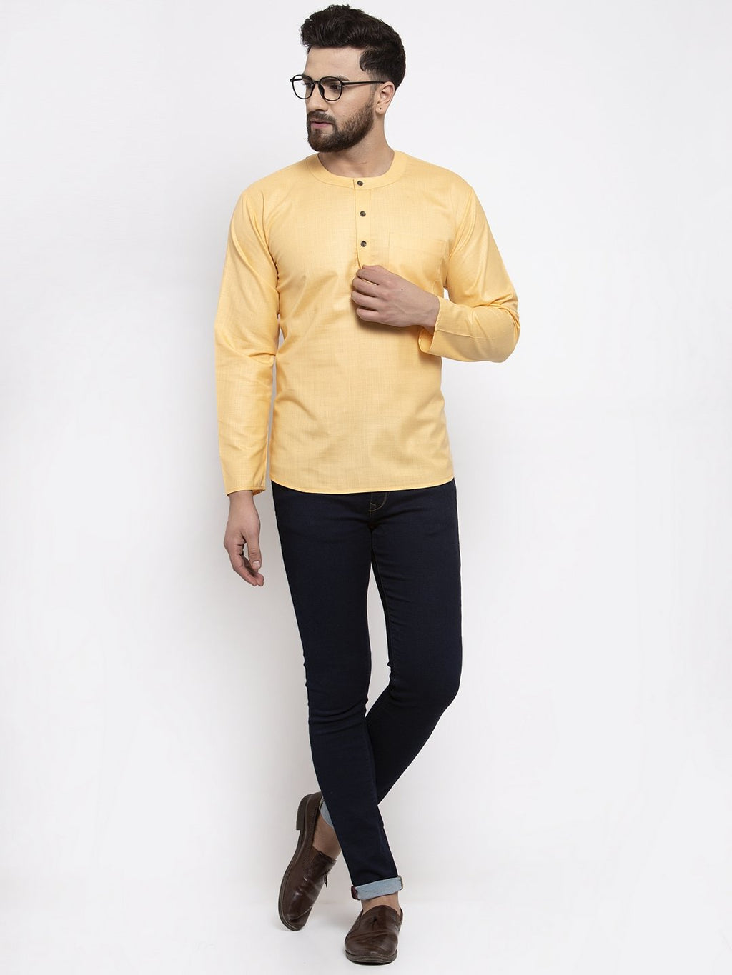 Jompers Men Mustard Solid Straight Short Kurta | Grocsy