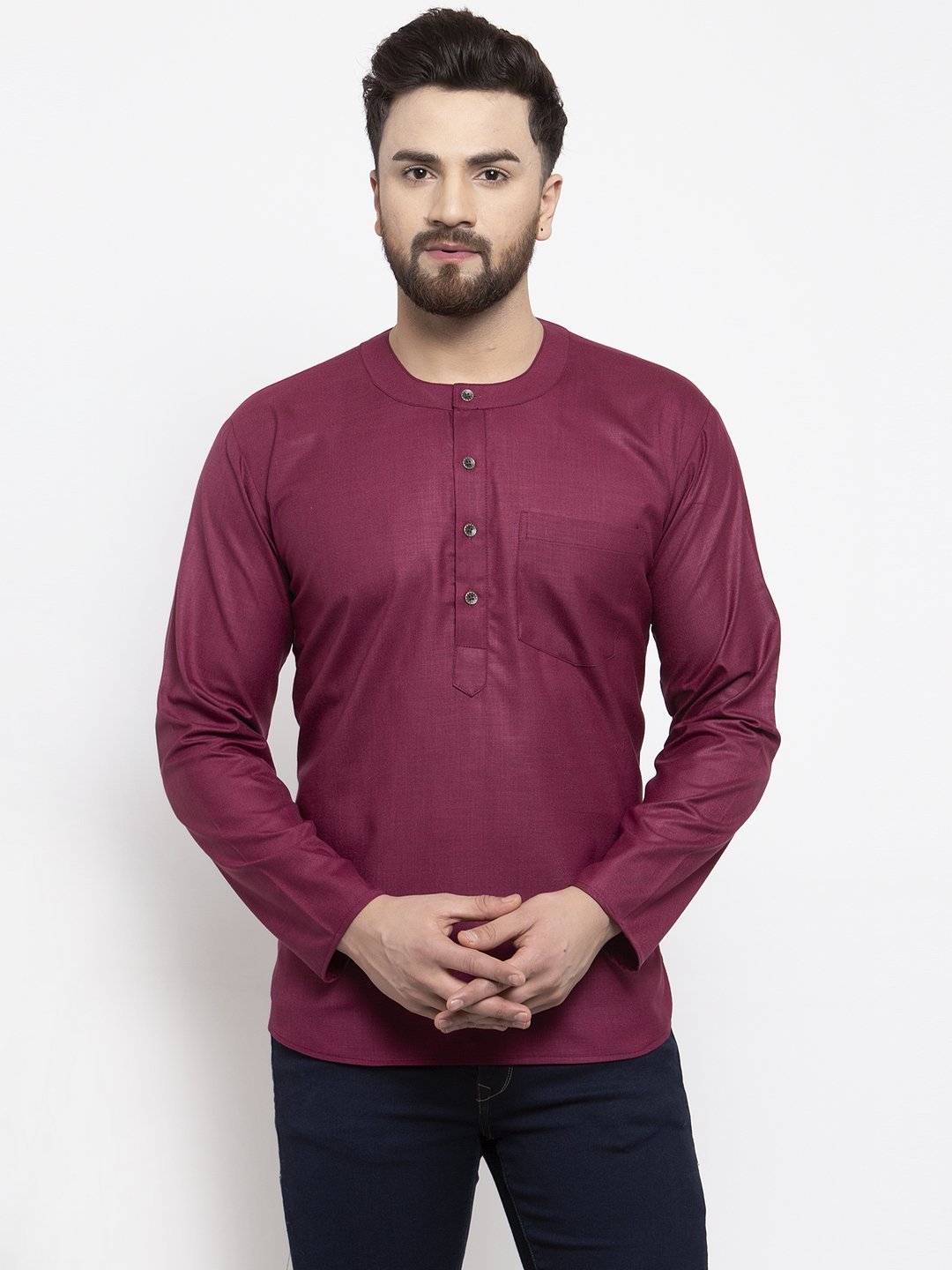 Jompers Men Purple Solid Straight Short Kurta | Grocsy
