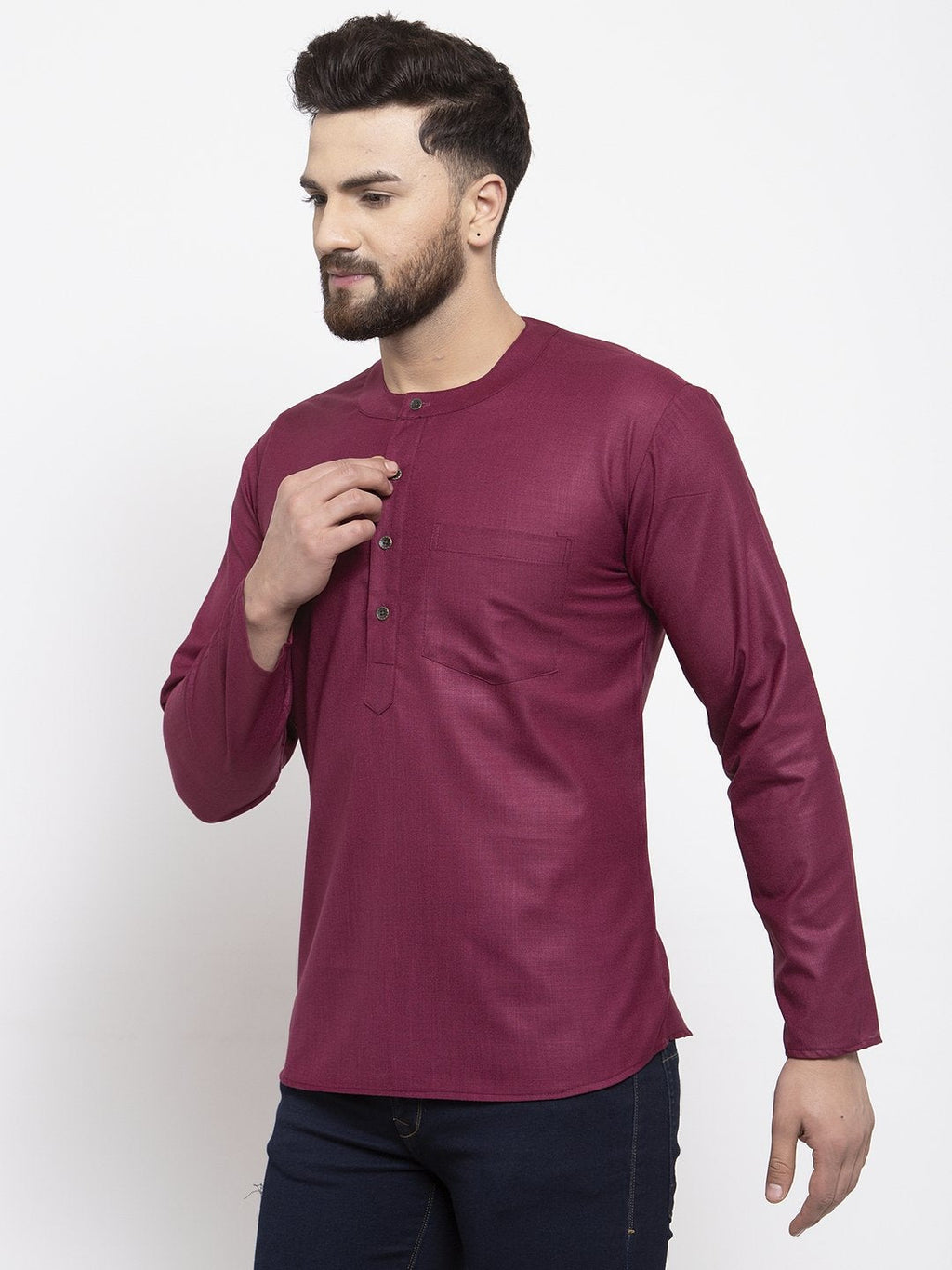 Jompers Men Purple Solid Straight Short Kurta | Grocsy