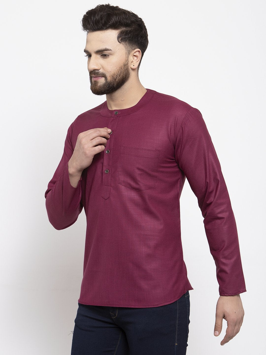 Jompers Men Purple Solid Straight Short Kurta | Grocsy