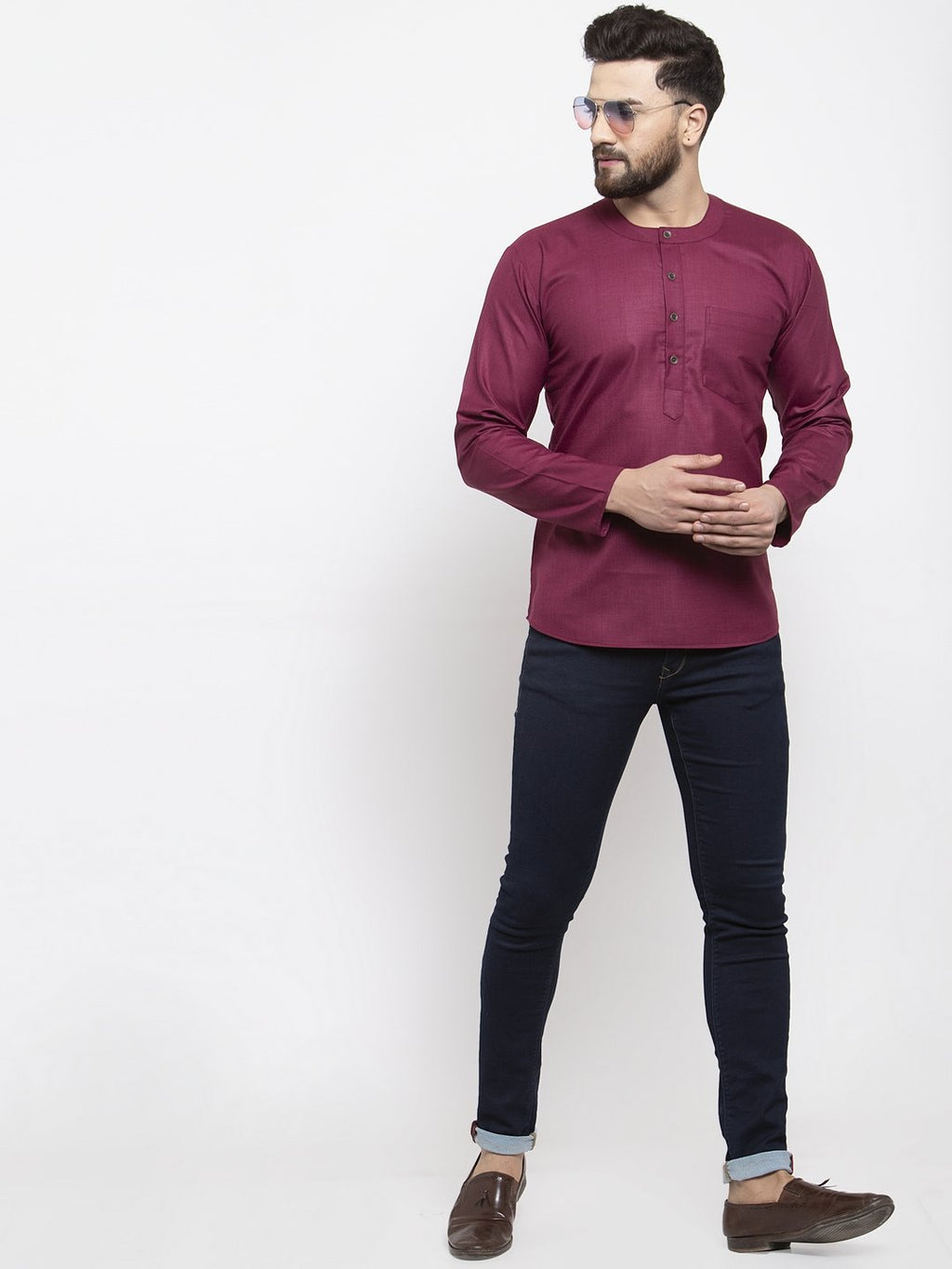 Jompers Men Purple Solid Straight Short Kurta | Grocsy